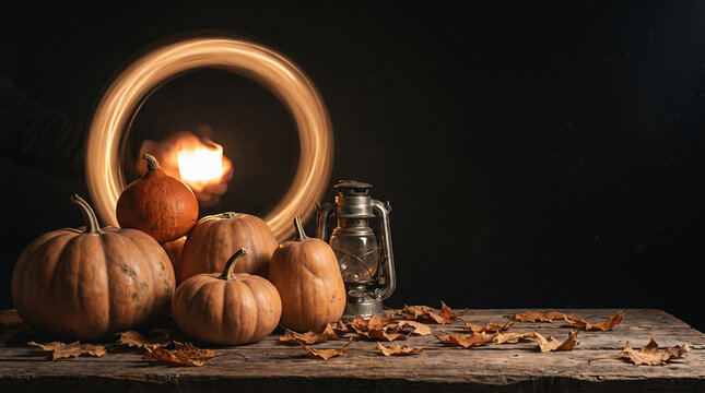 Atmospheric autumn still life with pumpkins and a glowing light ring, captured using long exposure photography for a Halloween mood.