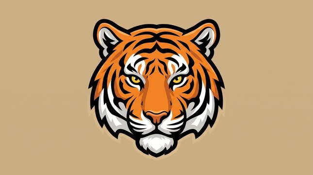 Bold stylized tiger head mascot graphic with vibrant orange with contrasting black stripes against neutral background evoking energy strength