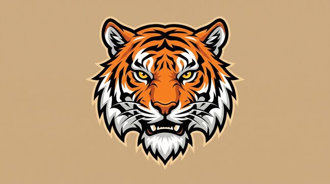 Bold graphic illustration of a roaring big cat head with striped pattern with dynamic lines against neutral background stylized digital illustration