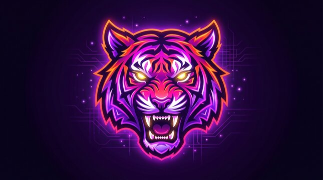 Cyberpunk tiger head mascot with neon glow with evoking energy high tech aesthetics futuristic circuit patterned backdrop mascot rendered vibrant