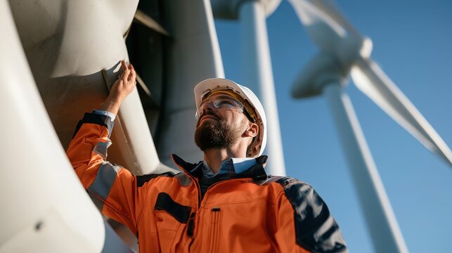 Skilled technician in an orange high-visibility jacket carefully examines the intricate components of a wind turbine, symbolizing dedication to sustainable energy production and technological.