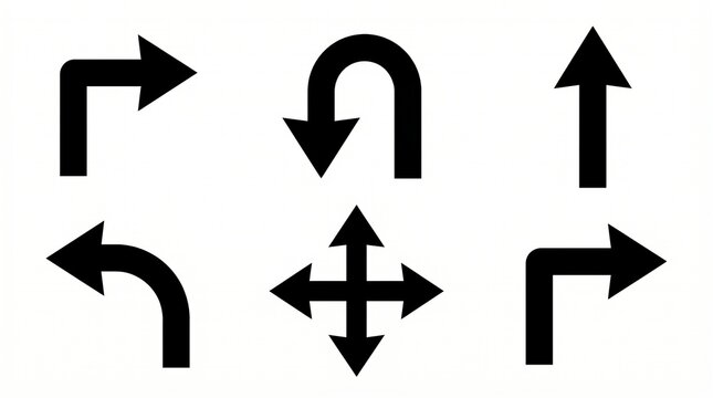 Directional arrow icons with turn, U‑turn, straight, four‑way navigation movement symbol graphic illustration design.