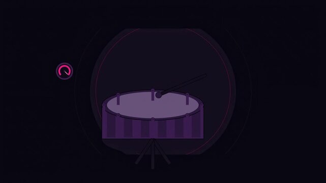 Abstract animated drum head striking drawn as violet and blue lines and shapes on a deep dark background. Seamless looping 4K motion graphics video with free space for text, ideal for title sequences,