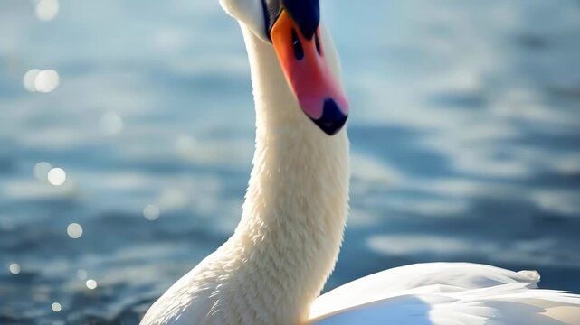 White Swan With Curved Neck Gliding Across Sunlit Shimmering Water Beside Graceful Portrait Scene