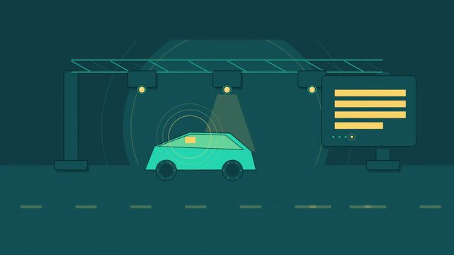 Abstract animated toll gantry being read drawn as cyan and teal lines and shapes on a deep dark background. Seamless looping 4K motion graphics video with free space for text, ideal for industry expla