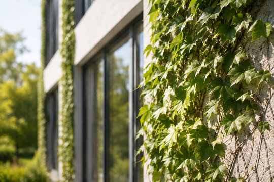 Begr&uuml;nte Hausfassade mit Efeu und modernen Fenstern
