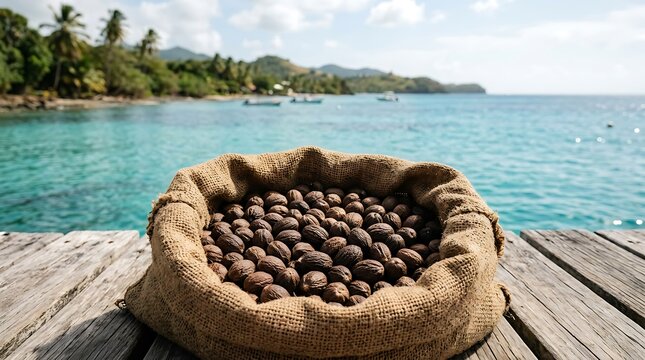 Nutmeg seeds in burlap sack on wooden pier by tropical ocean