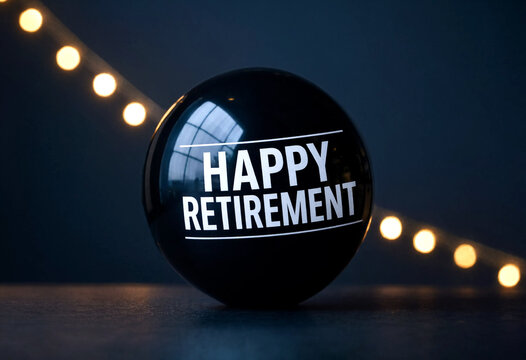 Shiny black sphere with happy retirement text illuminated by warm lights on dark background