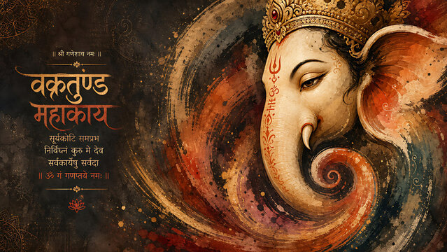 Lord Ganesha with Curved Trunk, Ornate Crown and Devanagari Devotional Text