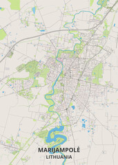 Fototapeta premium Detailed road map of Marijampolė in Marijampolė County Lithuania, featuring the winding Šešupė River, central urban street grid, railway lines, and surrounding green landscapes on a light background.
