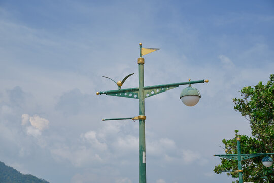 Decorative street lamp post with a bird ornament and flag against a cloudy sky street light pole metal structure outdoor urban design park fixture weather vane green paint