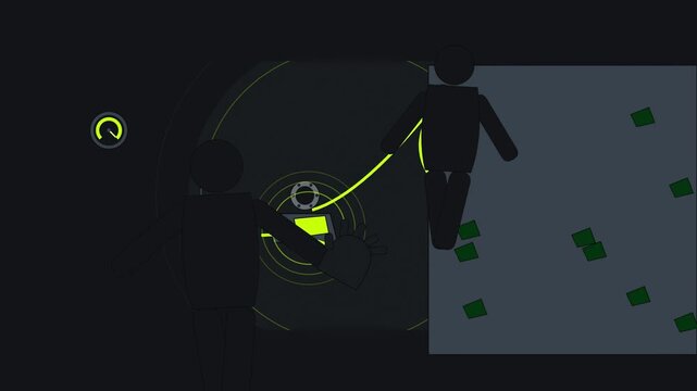 Abstract animated belay device catching drawn as green and teal lines and shapes on a deep dark background. Seamless looping 4K motion graphics video with free space for text, ideal for title sequence