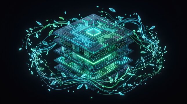 Futuristic circuit board surrounded by glowing leaves, blending nature and technology in a harmonious design.