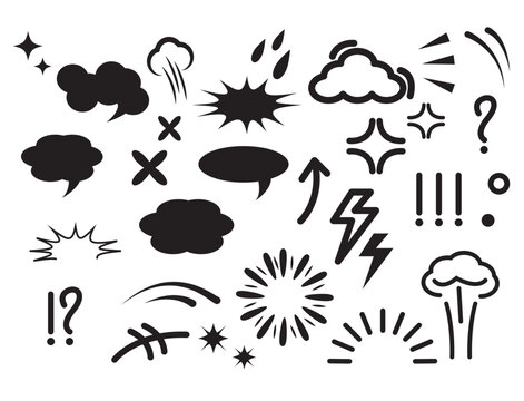Comic cartoon effect smoke, boom element set. Comic speech bubble, boom burst, explosive smoke, line speed cartoon vector icon. Hand drawn sketch doodle speed element, splash. Vector illustration