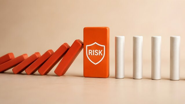 Orange Risk Shield Domino Block Halting Chain Reaction Of Falling Red Dominos