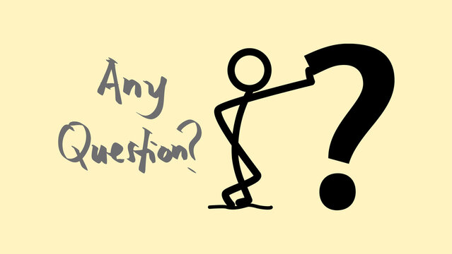 Minimalist stick figure holding large question mark, any question text on yellow background, business inquiry and support concept