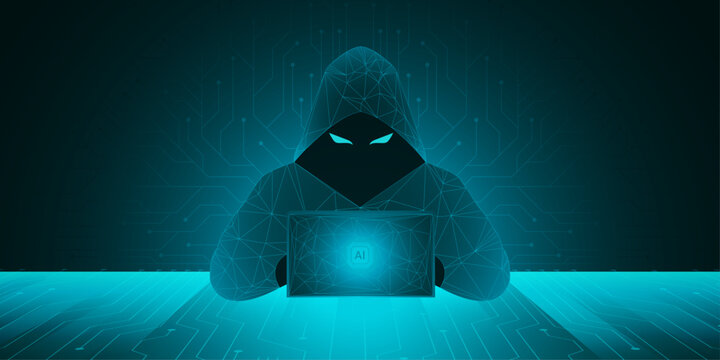 Cyber hacker attack concept. Abstract digital hacker man with a laptop and data server room. Database security. DDoS attack concept. Cyber security. Vector 3D illustration. Internet criminal and fraud