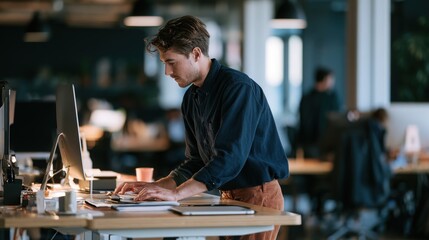 Obraz premium Young man with light brown hair, wearing a blue shirt and orange pants, actively types on a computer keyboard at a standing desk within a bustling, open-plan modern office environment.