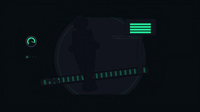 Abstract animated treadmill running drawn as green and teal lines and shapes on a deep dark background. Seamless looping 4K motion graphics video with free space for text, ideal for industry explainer