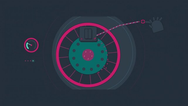 Abstract animated brake caliper biting down drawn as violet and blue lines and shapes on a deep dark background. Seamless looping 4K motion graphics video with free space for text, ideal for title seq