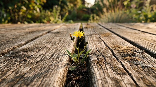 Small yellow wildflower growing through a crack in weathered wooden deck boards, resilience and hope, nature reclaiming man-made structures, spring growth, survival instinct