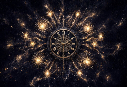 Vintage roman numeral clock surrounded by dazzling golden fireworks explosion in cosmic space scene