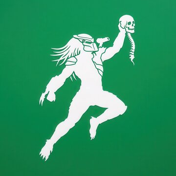 The fierce alien hunter from outer space triumphantly displays a skull and spine as a trophy, showcasing its predatory prowess against a vivid emerald backdrop