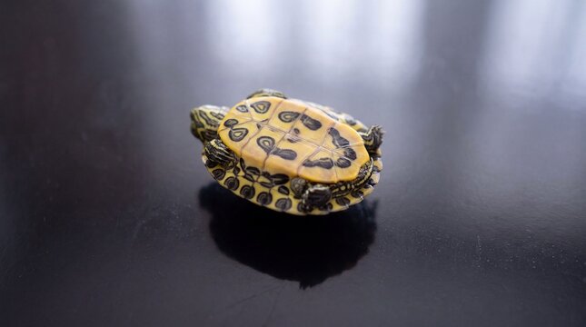 Small Turtle with Yellow and Brown Patterned Shell on Dark Reflective Surface.