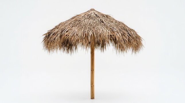 A classic thatched tiki umbrella crafted from natural dry palm fronds and a sturdy wooden pole provides welcome shade on a sun-drenched beach during a warm tropical vacation