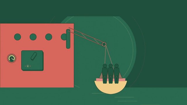Abstract animated lifeboat davit launching drawn as green and teal lines and shapes on a deep dark background. Seamless looping 4K motion graphics video with free space for text, ideal for science com