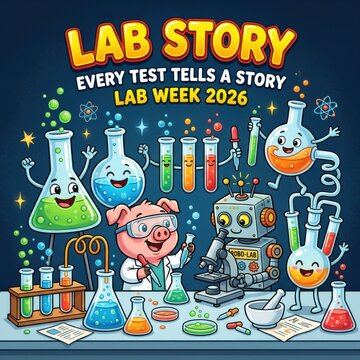 Delightful cartoon characters including a pig scientist, happy beakers, and a friendly robot engage in colorful chemical experiments and scientific discovery, celebrating Lab Story and Lab Week