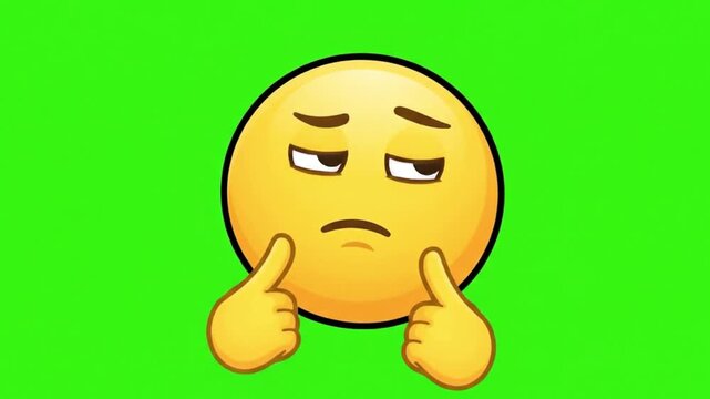 2D Thinking Emoji Face with Hand on Green Screen Background, Confused Expression Animation