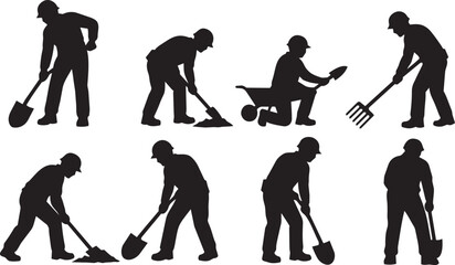 Naklejka premium Set of Eight Black Silhouette Workers Illustrations Performing Various Construction and Digging Tasks with Shovels and Wheelbarrow