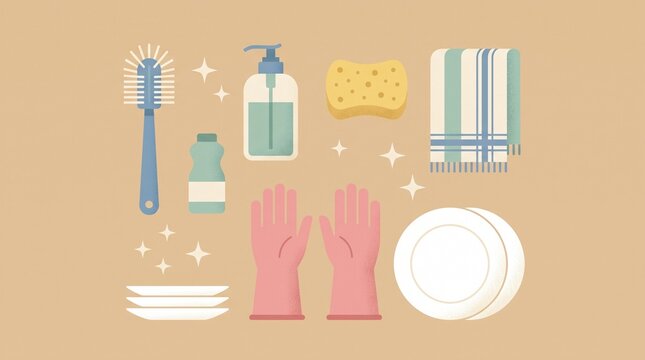 Kitchen Cleaning Essentials, Flat Design Illustration of Dishwashing Supplies and Hygienic Home Care