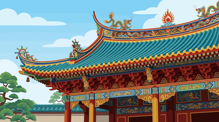 Obraz premium A vibrant flat design illustration of a traditional Asian temple roof, showcasing highly detailed, ornate eaves and decorative carvings. This 2D vector graphic beautifully captures cultural symbolism 