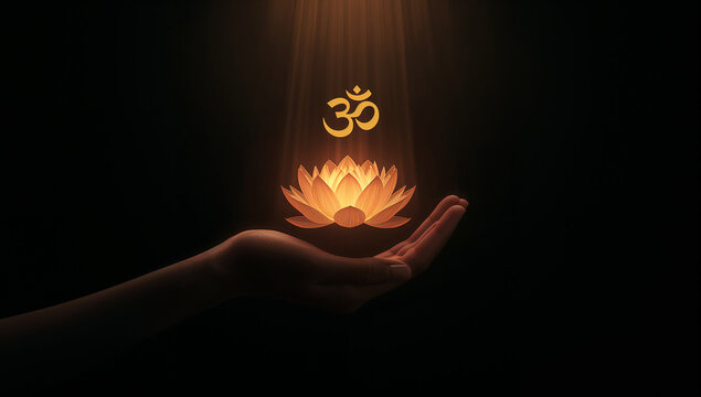 Glowing golden lotus flower held in hand with om symbol floating above spirituality meditation buddhism hinduism enlightenment tranquility consciousness mindfulness holistic serenity