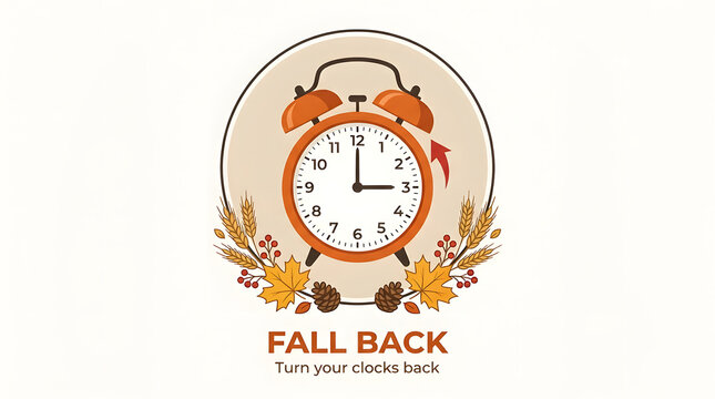 Fall back daylight saving time vector graphic with orange clock and autumn foliage badge