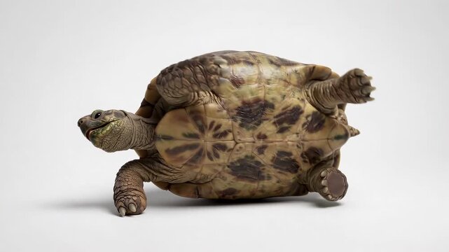 Turtle on its back upside down isolated on white background studio shot.