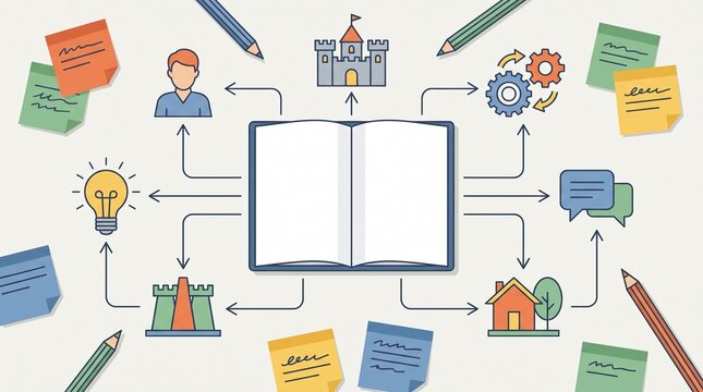 Creative story brainstorming with notebook, connected plot ideas, setting symbols and mind map elements, modern writing process in flat vector style.