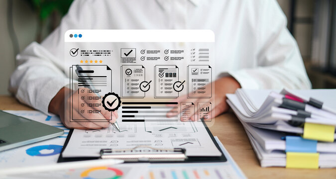 Reviewing documents with a digital checklist, approval icons, and data charts, representing compliance, quality control, workflow management,