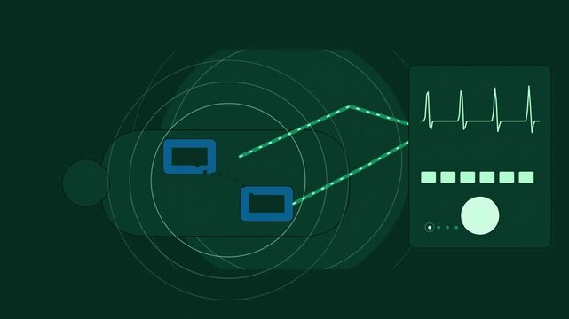 Abstract animated defibrillator delivering a shock drawn as green and teal lines and shapes on a deep dark background. Seamless looping 4K motion graphics video with free space for text, ideal for med