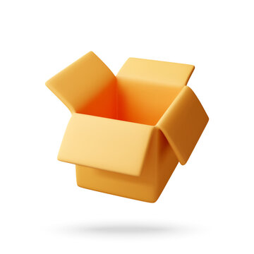 3d Open cardboard box with folded flaps sits alone on clean white space. Interior glow and soft shadow suggest simple 3D packaging concept, useful for delivery, unpacking, and empty container themes.