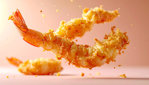 Crispy golden fried shrimp with a light batter coating floating against a soft pink background.