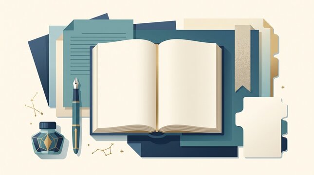 Novel writing concept with open book, manuscript pages, fountain pen, bookmark and ink bottle, sophisticated literary flat vector illustration.