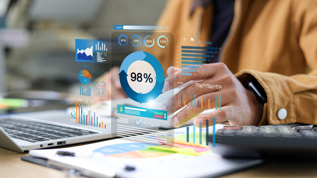 Analyzing digital analytics dashboard on laptop, showing data visualization, performance metrics, financial insights, statistics,