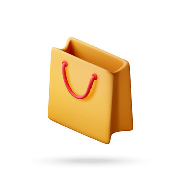 Shopping bag 3d object floats on white background with subtle shadow beneath. Warm yellow body and red handles create simple retail packaging look suited to shopping, delivery, or promotion themes.