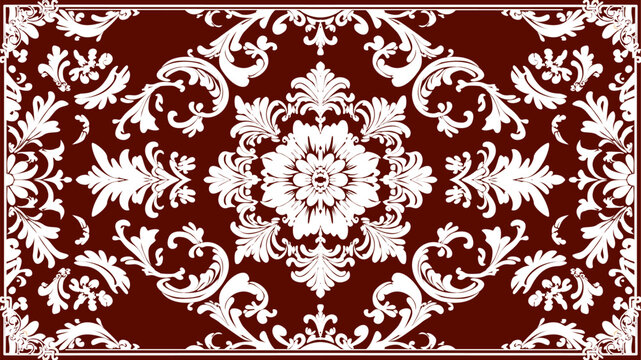 Seamless luxury damask pattern with intricate white floral and acanthus scroll ornaments on a rich deep red background, vector illustration.