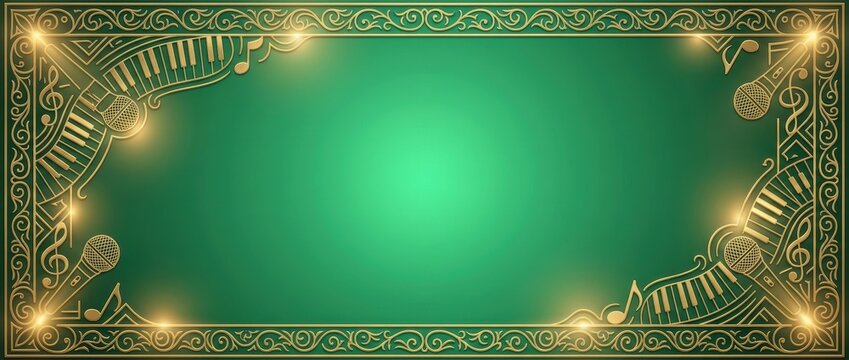 Golden musical instruments and ornate frame on green background for concert event