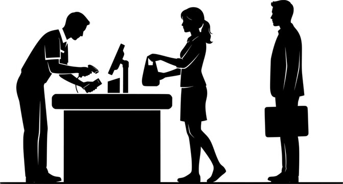 Store checkout counter silhouette vector illustration featuring male cashier scanning products with handheld barcode reader, female customer holding shopping bag, and man in suit waiting in line isola