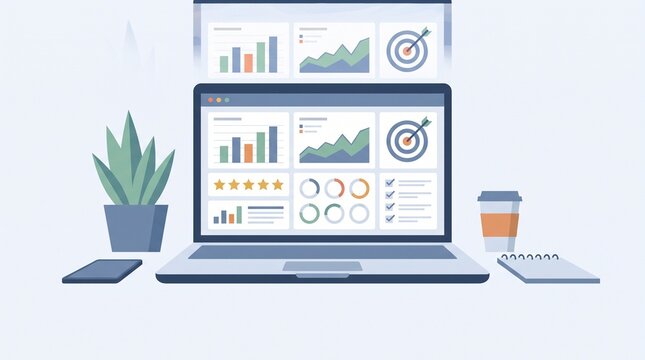 Employee performance evaluation dashboard with charts, ratings, progress indicators and targets, modern corporate analytics concept in flat vector style.